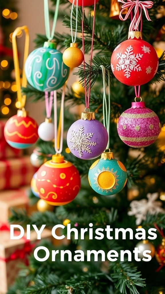 A collection of handmade Christmas ornaments hanging on a tree, showcasing various colors and designs.